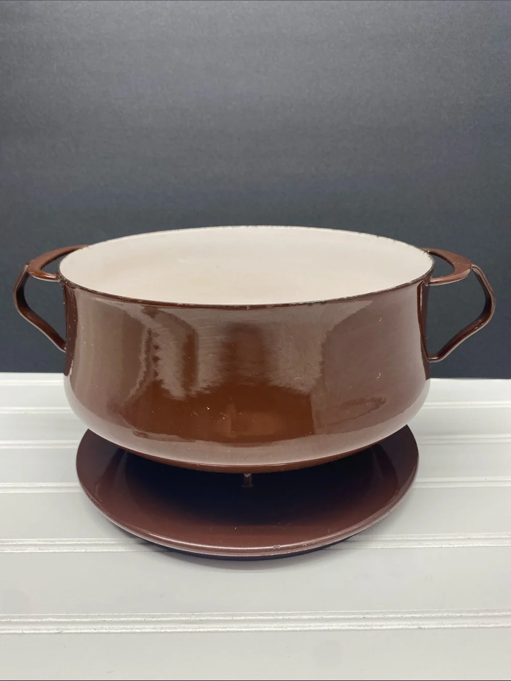 Dansk Brown Enamelware Casserole Covered Pot Trivet Top Ihq France 1956